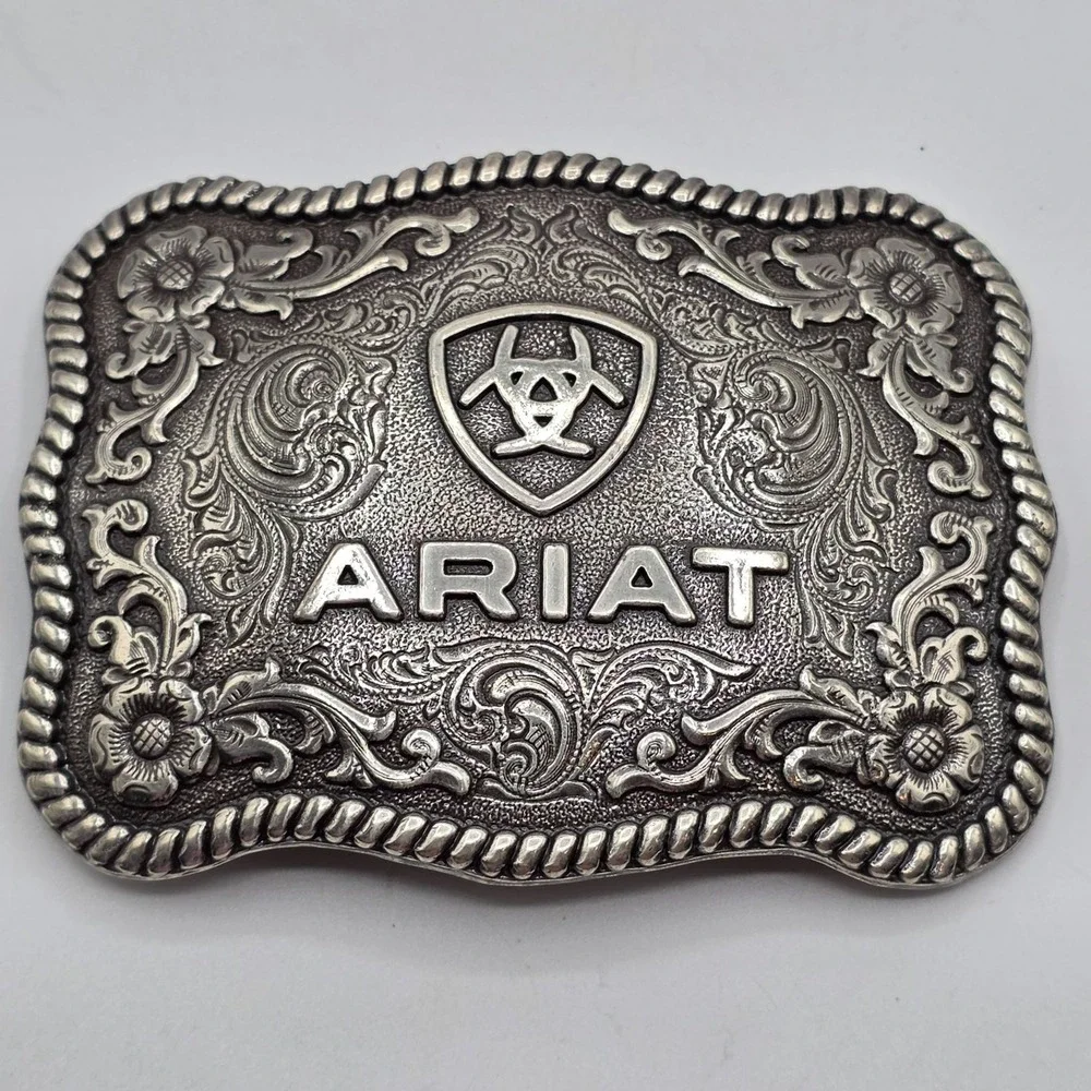 ARIAT Western Filigree Belt Buckle Silver Tone Rodeo Style Men's Cowboy Engraved